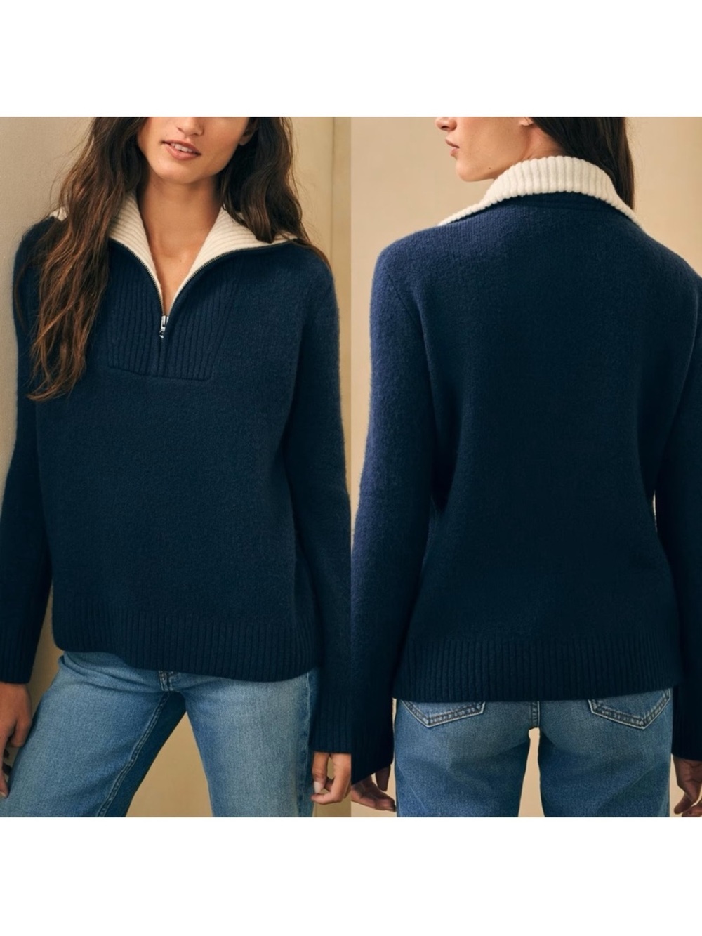 Faherty Saturday Quarter Zip Pullover Sweater Merino Wool & Cashmere Navy - Picture 2 of 9